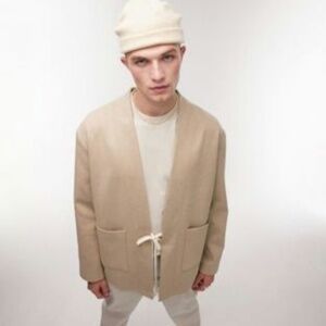 Topman jersey collarless wrap blazer in ecru